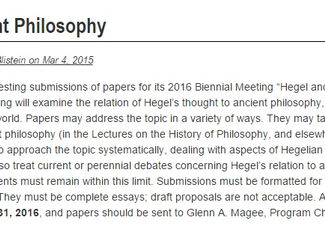 CALL. 31.01.2016: Hegel and Ancient Philosophy - (USA)