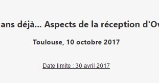 2000 ans déjà... Aspects de la réception d'Ovide - 10/10/2017, Toulouse (France)