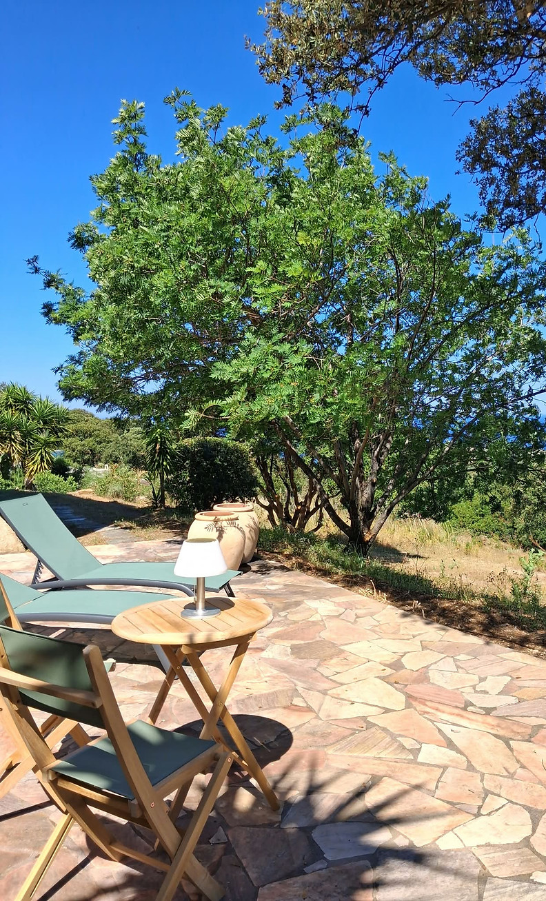 Terrasse avec vue sur mer de la chambre Cala Rossa à casa a scopa, maison d'hôtes à Lumio
