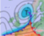 Grafik mit dem Typisches System eines Tiefdruckgebietes über dem Nordsee mit Warmfront (rot), Kaltfront (blau) und den entsprechenden Niederschlagsbereichen (hellblau). Zwischen den Fronten liegt der Warmsektor. Dort wo die Kaltfront die Warmfront eingeholt hat, bildet sich eine Okklusion (violett). Tiefdruckgebiet Kaltfront Warmfront