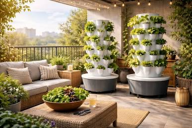 An urban balcony garden utilizing vertical space efficiently with Phooldaan towers