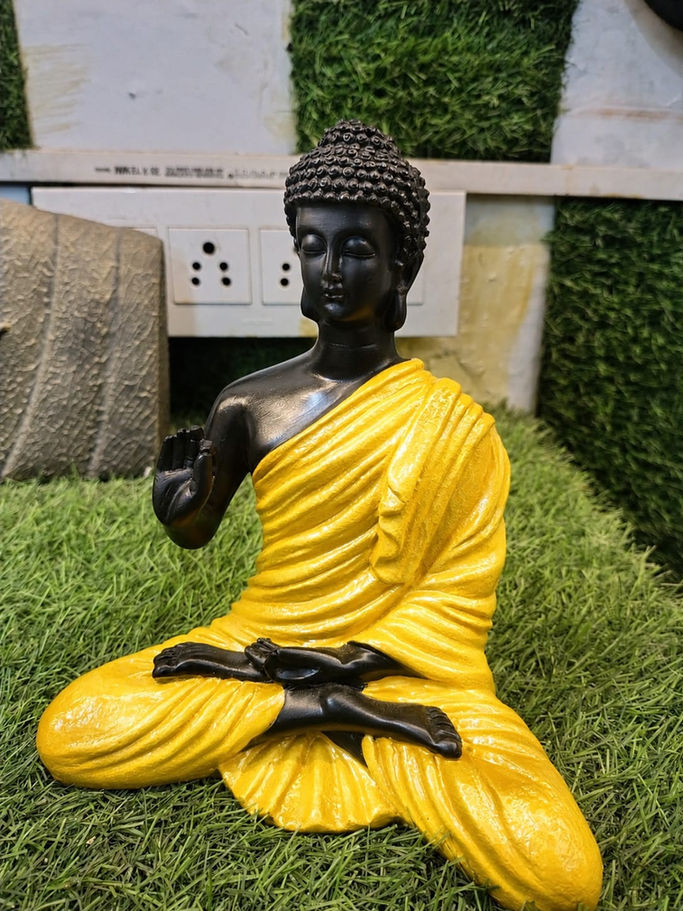 8 Inch Black & Yellow Buddha Statue for Living Room – Handcrafted Polyresin Buddha Décor by Phooldaan
