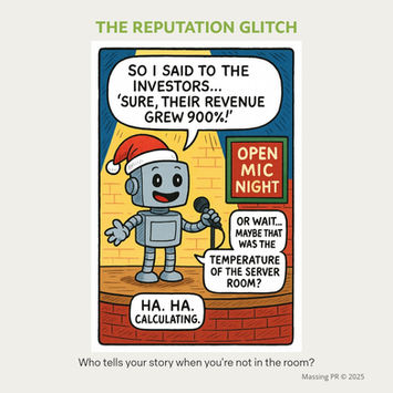 Robot with Santa hat says revenue grew 900%; Open Mic Night, calculating maybe the server room.