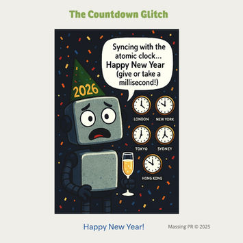 Robot with a 2026 hat says Happy New Year, The Countdown Glitch.