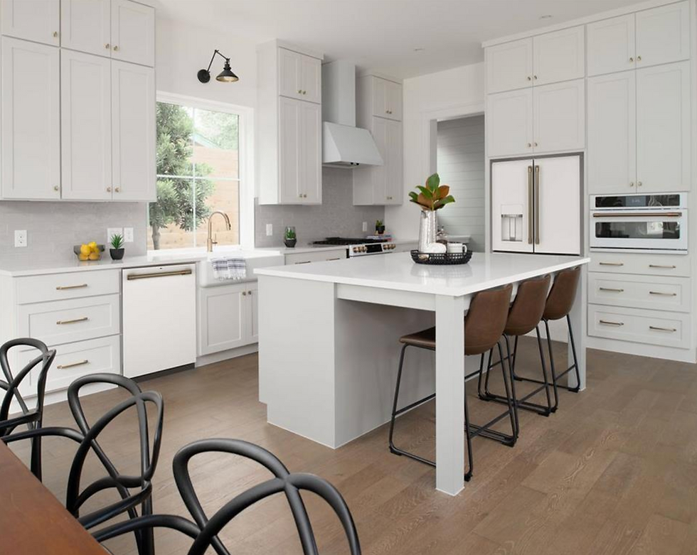 A simply staged white kitchen with modern appliances