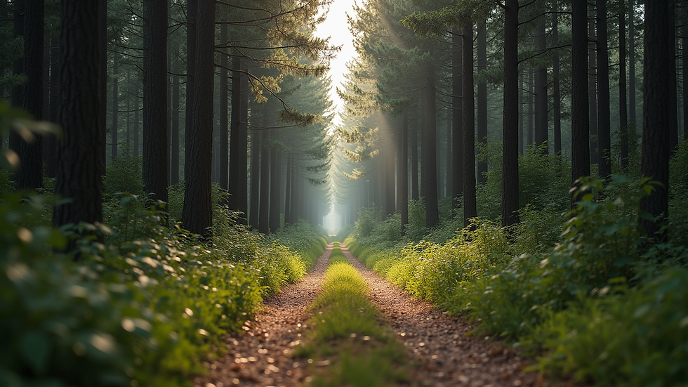 Eye-level view of a serene forest path surrounded by tall trees