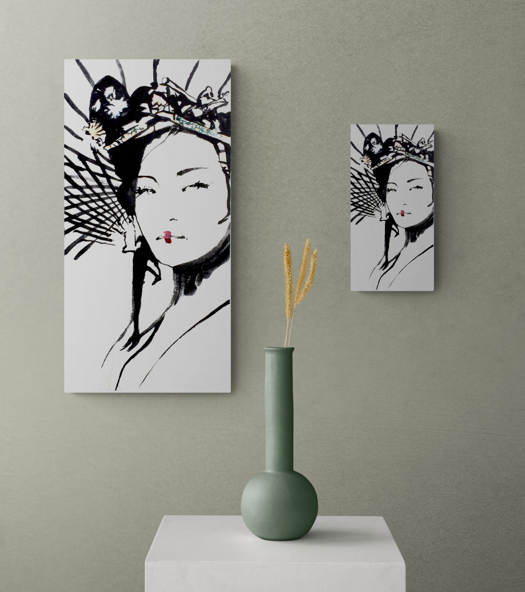 "The Geisha" Sumi-e Ink Panel