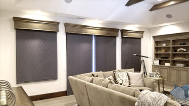Roller shades blackout, gray texture shade, texturized shades, gold valance.