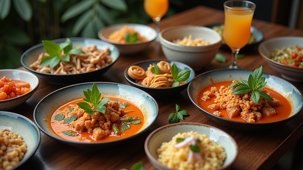 High angle view of a table with various Thai dishes and drinks