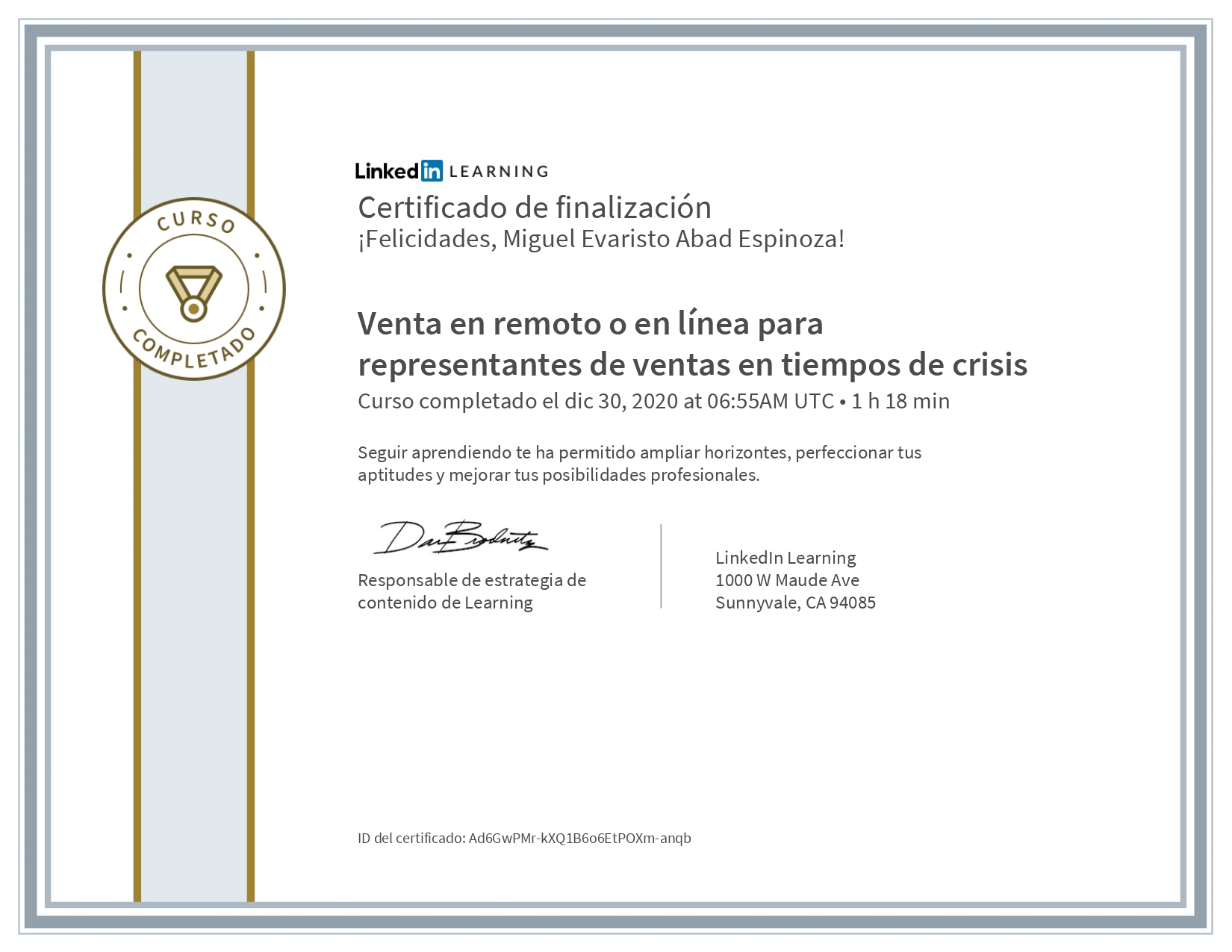 CertificadoDeFinalizacion_Venta en remoto o en linea para representantes de ventas en tiem