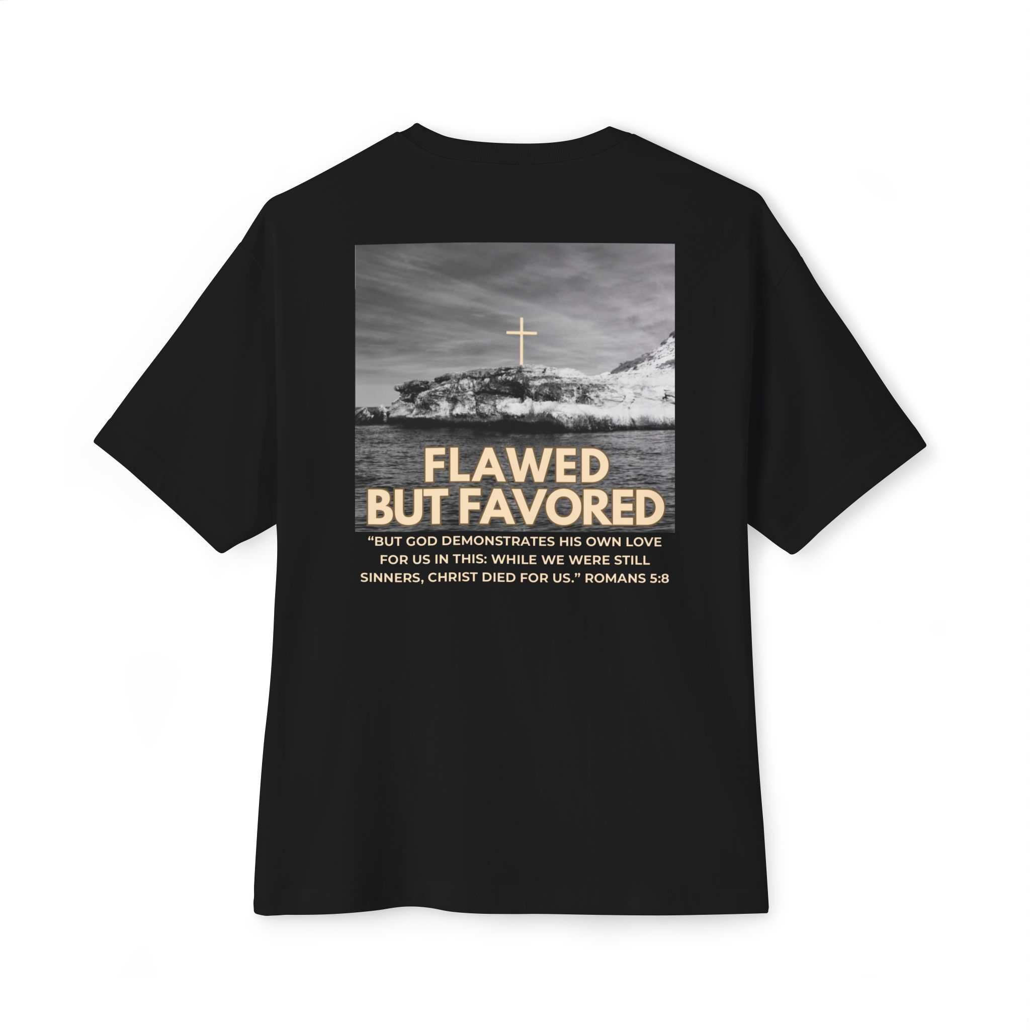 Christian Oversized Tee: “Flawed but Favored.”