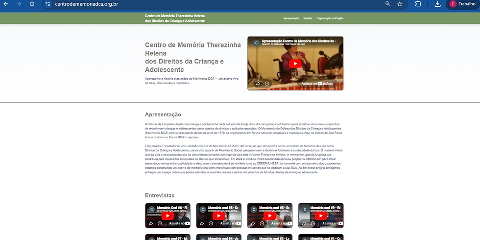 Site do Centro de Memória Therezinha Helena dos Direitos da Criança e do Adolescente