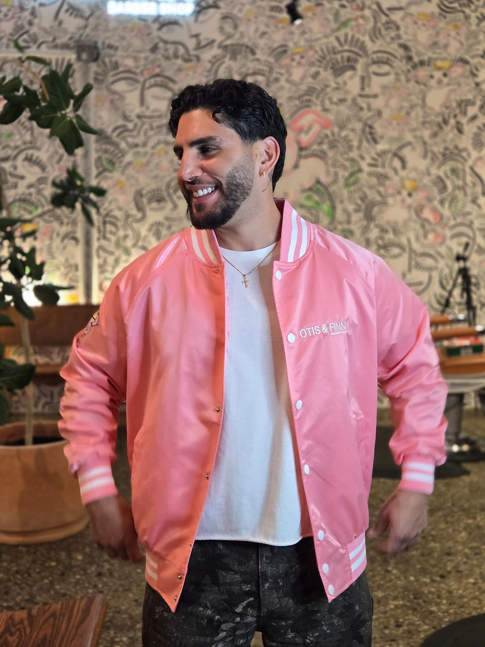 Thumbnail: Embroidered Queens Y'all Bomber Jacket Model Image 1