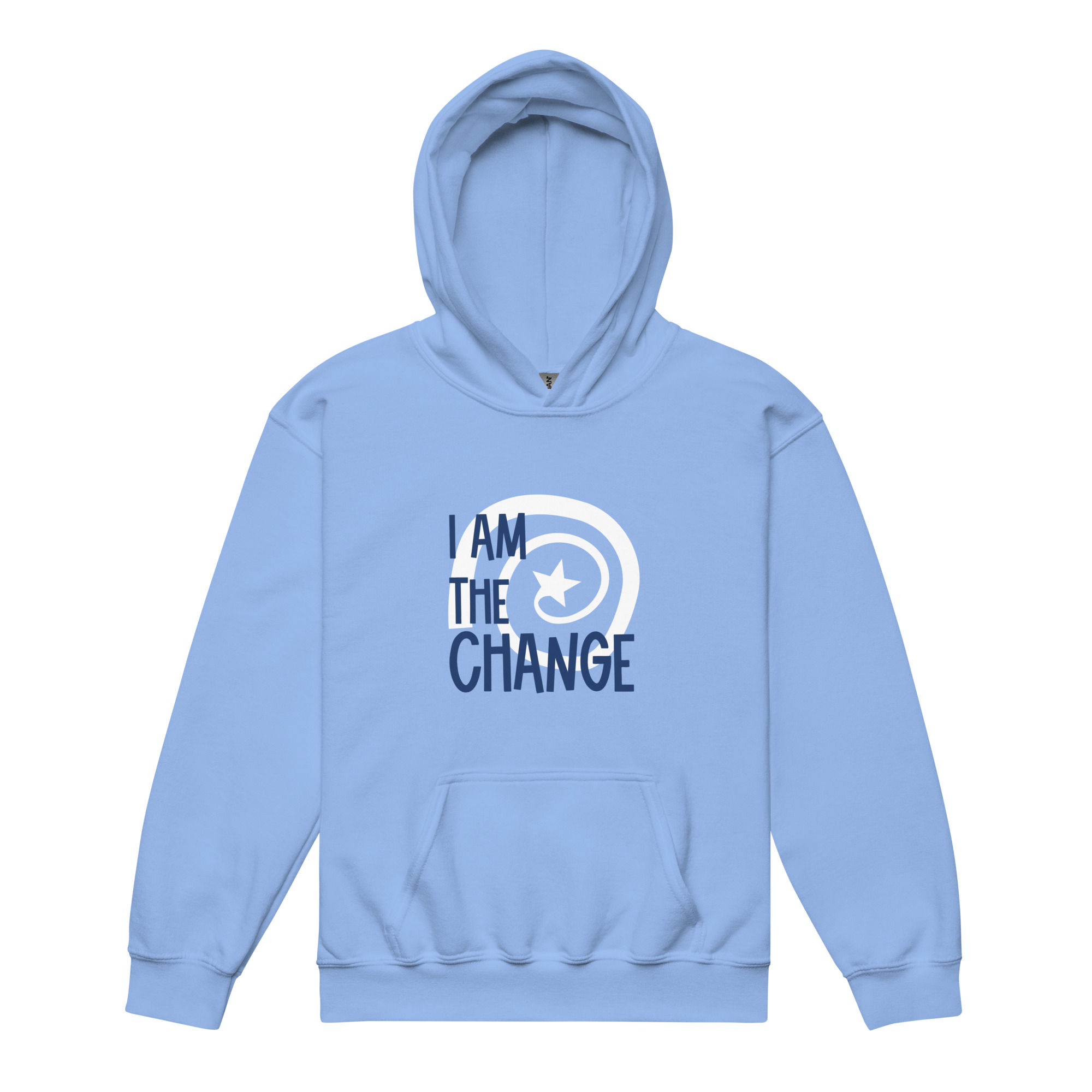Youth BLUE Hoodie: I AM THE CHANGE front, WORDCROSS back