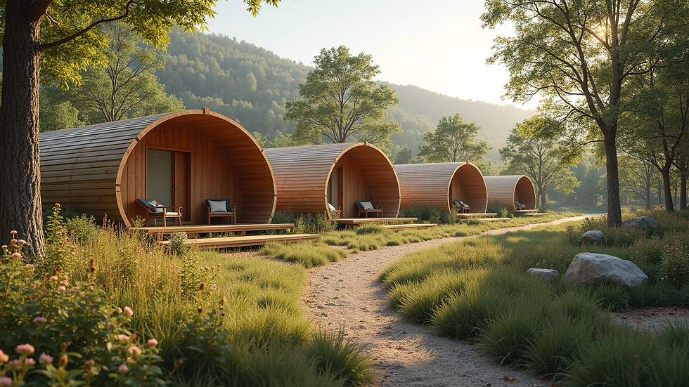 Wide angle view of eco pod glamping site with wooden pods and natural surroundings