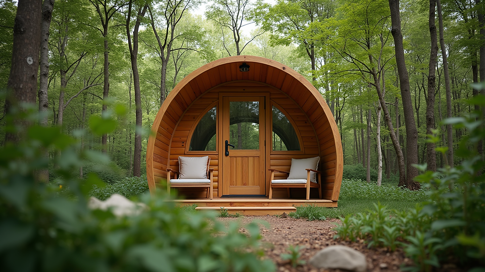 Eye-level view of a cozy glamping pod surrounded by green trees