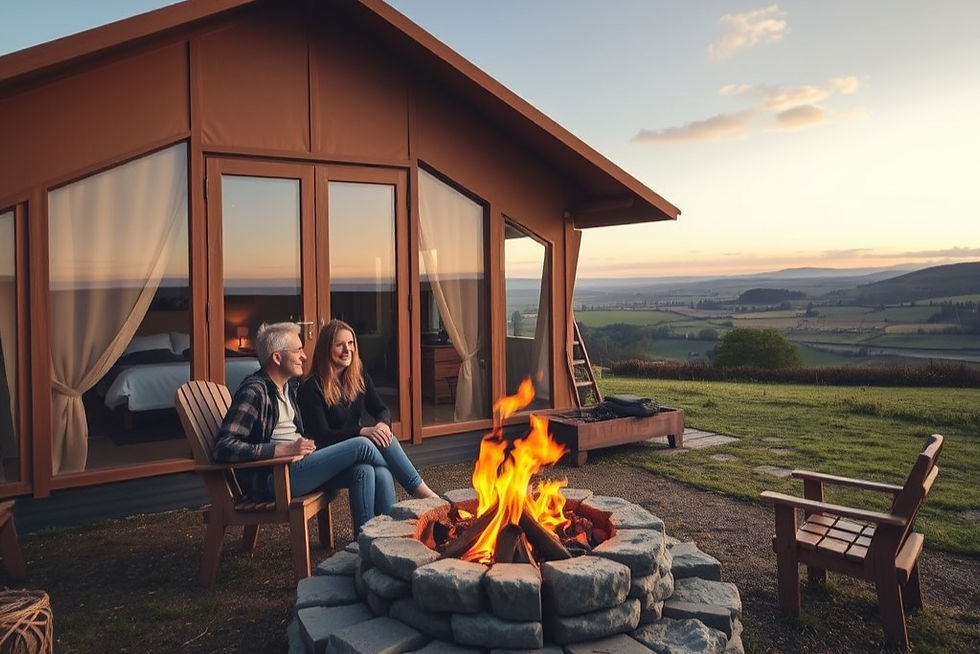 landscape image of a couple sat next to a stone firepit outside a cosy glamping cabin with far reaching country views across Cornwall