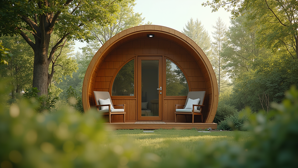 Eye-level view of eco-friendly wooden glamping pod surrounded by greenery