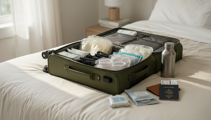 Overhead view of ostomy travel supplies arranged beside a carry-on suitcase.