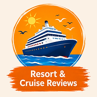 A image with a cruise ship that reads Resort & Cruise Reviews