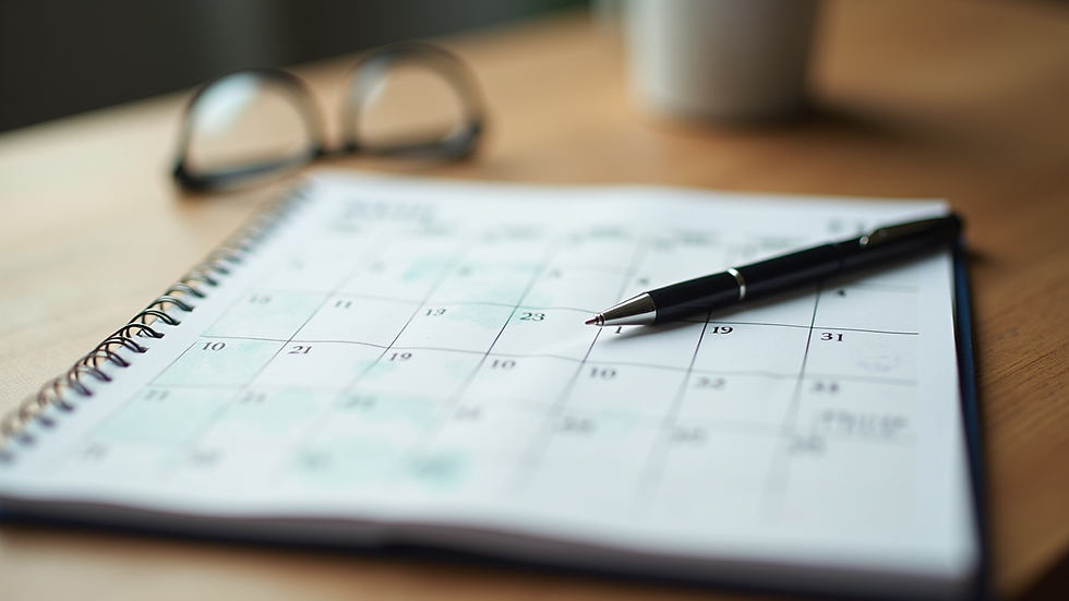Close-up view of a calendar planner and a pen on a wooden table
