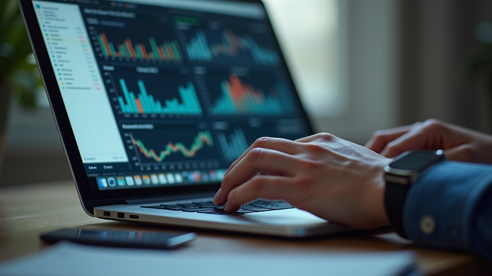 Close-up view of a person working on a laptop with business charts on screen