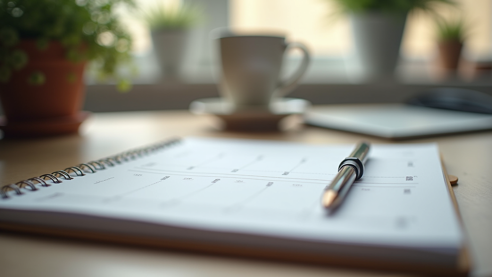 Close-up view of a home office desk with a planner and coffee cup