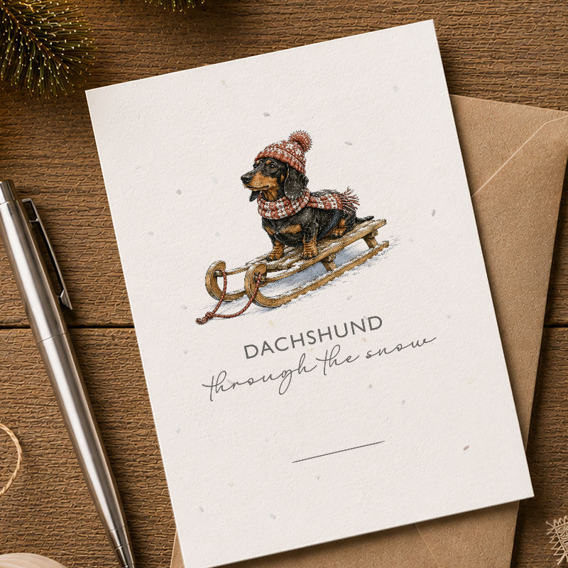 Thumbnail: Pack of 5, Dachshund through the snow, plantable Christmas cards