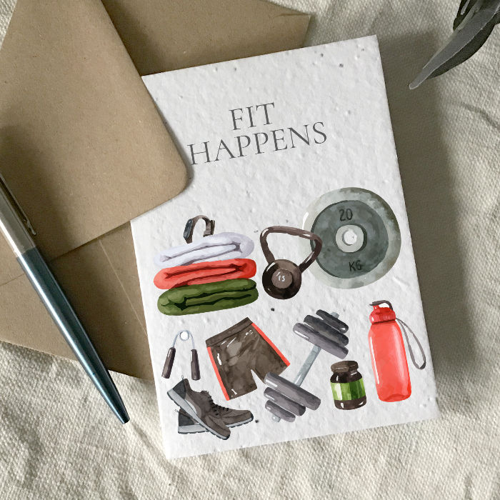 Fit happens, gym fitness fun pun wildflower seed greetings card