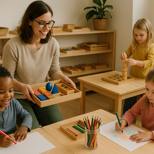 Teacher adapting classroom materials to support evolving developmental stages at a child care center in Reading, Massachusetts.