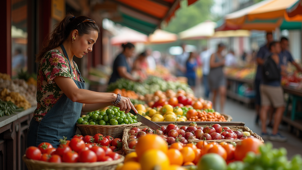 Vista panorámica de un mercado comunitario lleno de productos locales