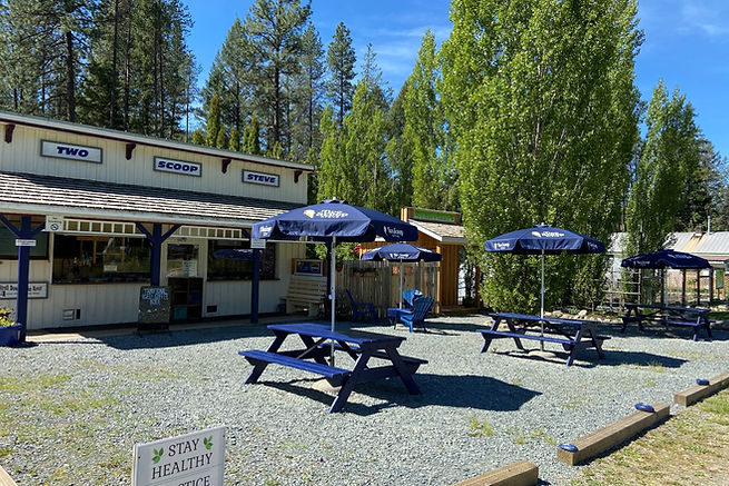 Two blue picnic tables with large umbrellas outside of Two Scoop Steve ice cream shop.