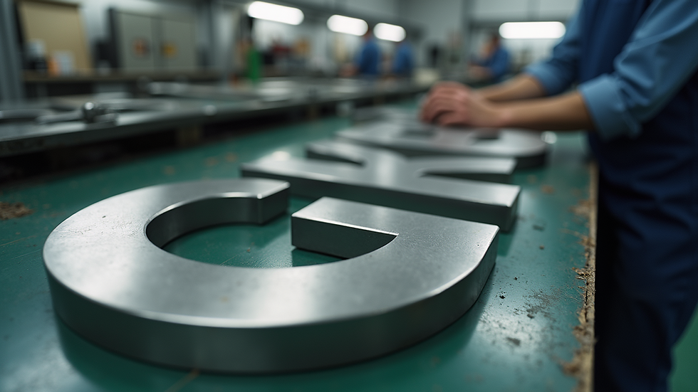 High angle view of signage fabrication workshop with stainless steel letters