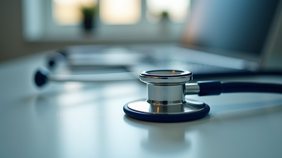 Close-up view of a stethoscope on a doctor's desk