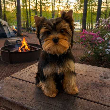 KanDew Yorkshire Terrier Puppy In Texas - Ethically Bred 12 Week Old Traditional Boy Sitting On A Picnic Table At A Campground