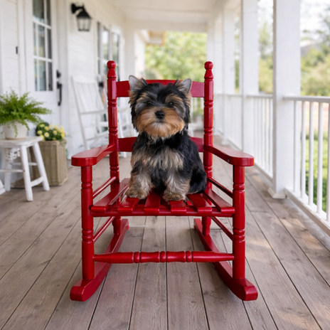KanDew Yorkie Puppy In Texas - Ethically Bred 10 Week Old Traditional Boy Sitting In A Red Rocking Chair On A Country Porch