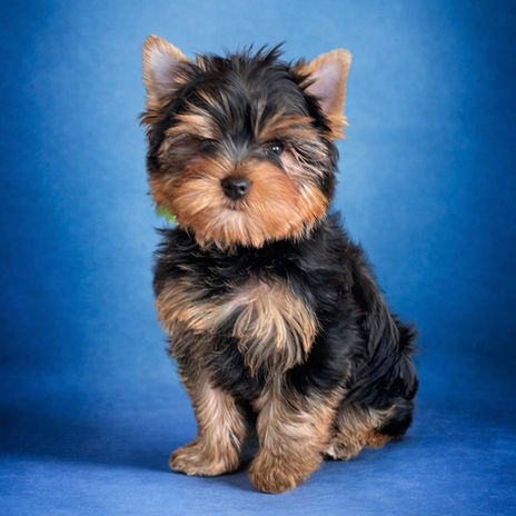 KanDew Yorkie Puppy In Texas - Ethically Bred 10 Week Old Traditional Boy Posing On A Blue Background.