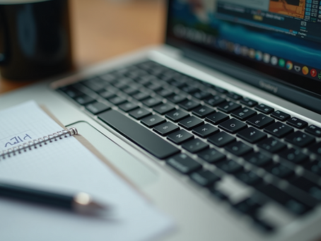 A laptop, pen and notebook up close