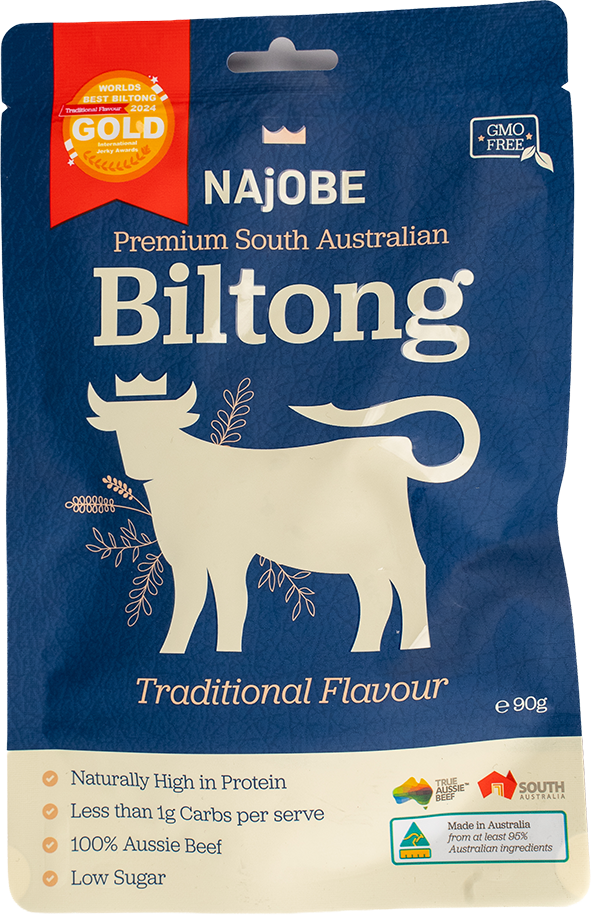 A blue packet of Najobe Original flavour biltong