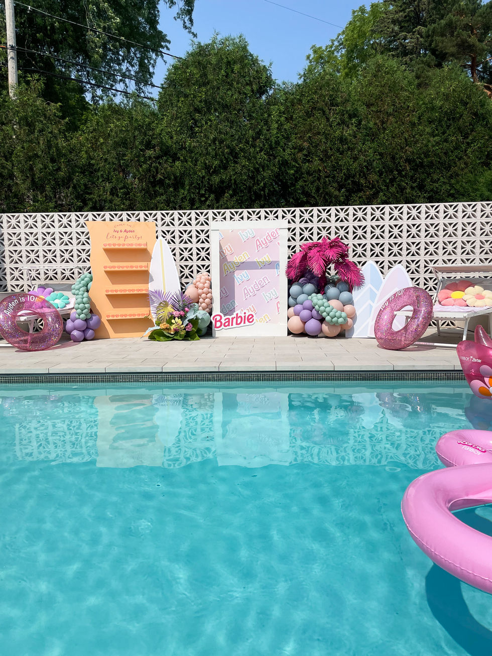 Beach Barbie - Full backdrop and balloon installation in front of pool