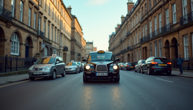 Eye-level view of a taxi waiting outside a St Andrews street with historic buildings in the background