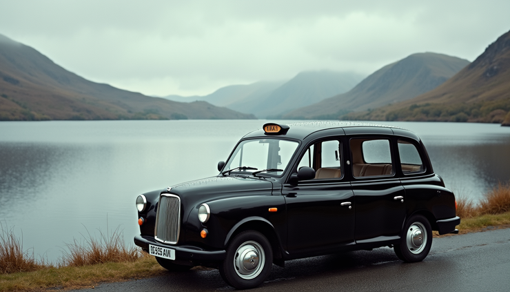 Eye-level view of a classic black taxi parked near a scenic Scottish loch