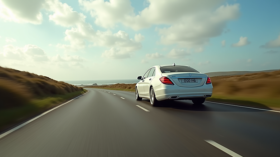 Wide angle view of a luxury vehicle driving along a coastal road near St Andrews