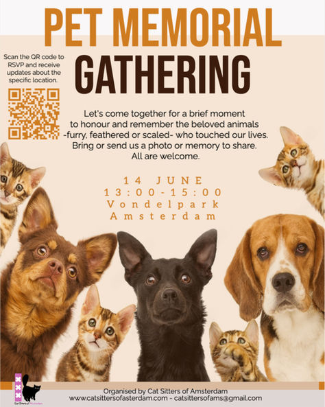 Flyer of the Pet Memorial Gathering in Amsterdam featuring faces of dogs and cats on an off-white background with a QR code to scan for the details and location of the event.
