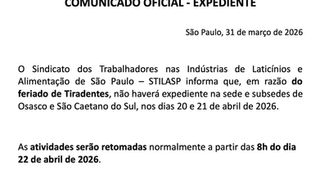 COMUNICADO OFICIAL: EXPEDIENTE FERIADO DE TIRADENTES 