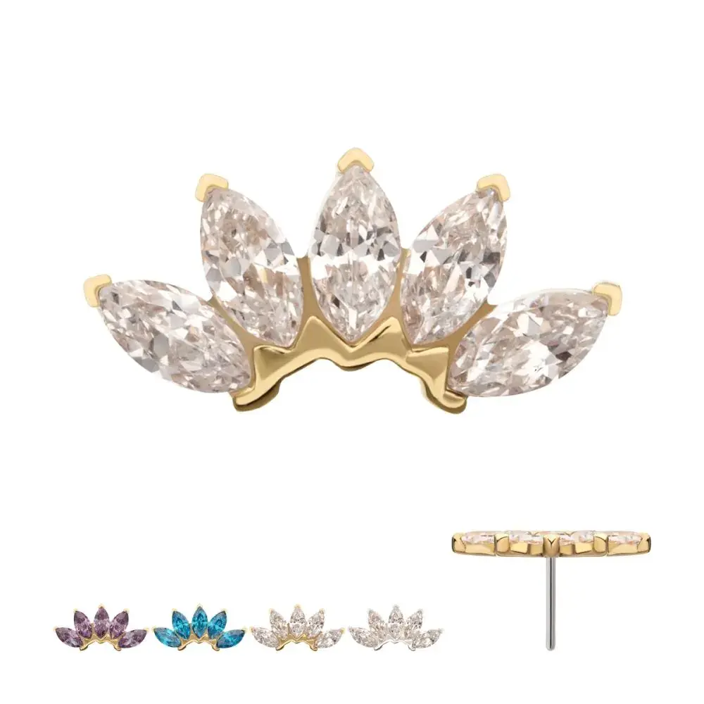 14Kt Gold Threadless Fan Shape Top with 5-Cluster Marquise Prong Gem