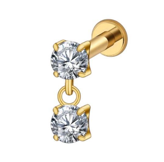 24KT Gold PVD Titanium 18G/16G Threadless Push Pin 2 Zircons Link Drop