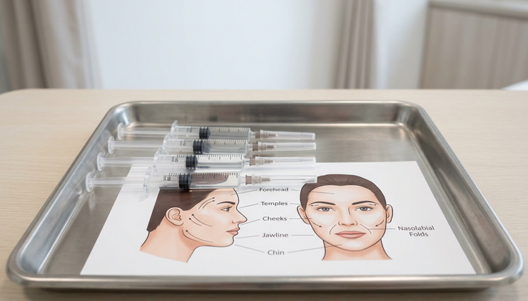 Close-up view of labeled hyaluronic acid filler syringes beside a facial contour guide