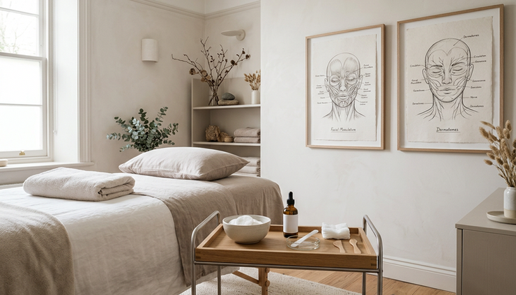 Eye-level view of a calm treatment room with facial anatomy sketches and a clean aesthetic tray