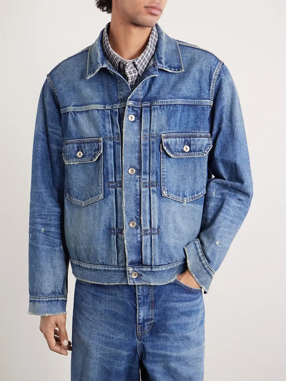 Thumbnail: SACAI × BEYONDEXX DISTRESSED DENIM JACKET - BLUE